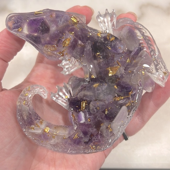 Amethyst Gemstone and Gold Flake Dragon Resin Figurine - Picture 6 of 7